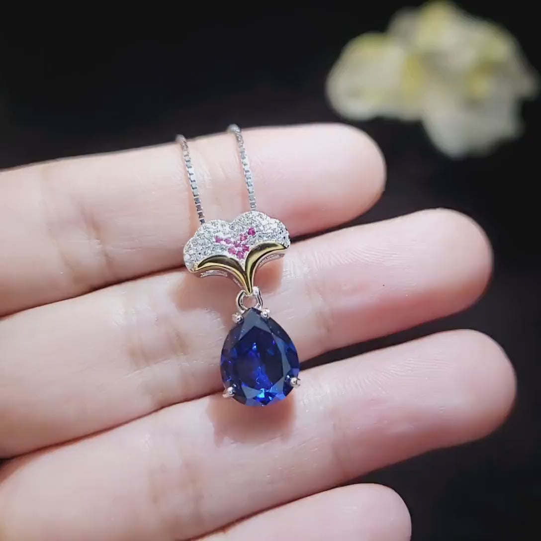 Blue Sapphire Necklace Ginkgo biloba Leaf Pendant Large 4 CT Teardrop Lab Created Blue Sapphire Pendant  18KGP Sterling Silver #818B
