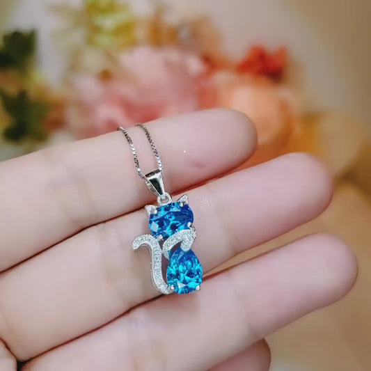 Cat Blue Topaz Necklace, Kitty Cat Swiss Blue Topaz Pendant Gemstone White Gold Plated Sterling Silver Pets Lover Jewelry #216