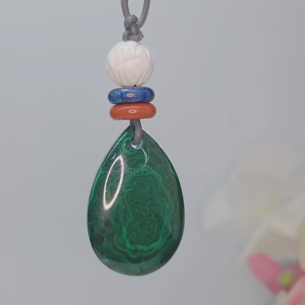 Geometric Malachite Teardrop Necklace, Chunky Green Pendant with Carved Lotus, Healing Jewelry, Adjustable Leather Cord 30 inches #2570