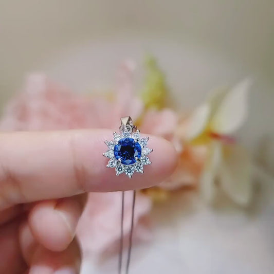 Minimalist Sapphire Necklace Diamond Sterling Silver Sunflower 6mm 0.85 CT Blue Gemstone September Birthstone 067