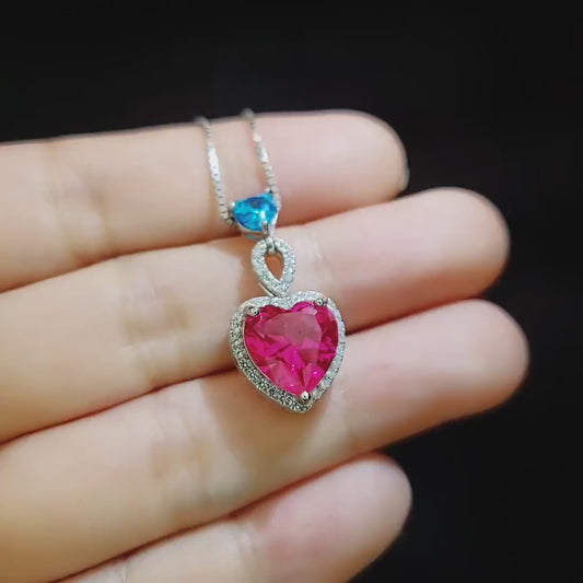 Pink Sapphire Double Heart Necklace - 18kgp @ sterling Silver Pink Fuchsia Sapphire Jewelry Pendant White gold coated #659