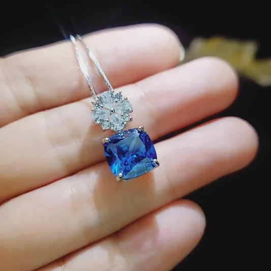 Blue Sapphire Necklace Four leaf clover Style - Cushion Cut - 5 CT Blue Sapphire Pendant Gemstone Flower Bail - 18KGP @ Sterling Silver #674