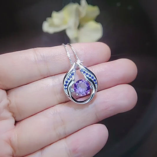 Genuine Amethyst Necklace - Hold Your Heart Pendant - 18KGP @ Sterling Silver - Blue Sapphire Style - Round Cut Natural Amethyst Pendant 700