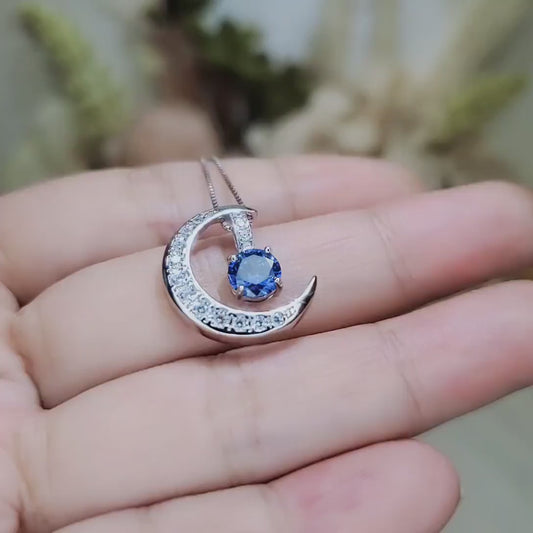 Blue Tanzanite Necklace - Gemstone Moon Pendant - 18KGP Sterling Silver - Crescent Two Separated Pendant Tiny December Birthstone #232