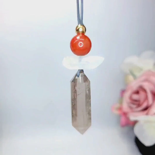 Geometric Smoky Quartz Pendant, Red Carnelian Clear Quartz Chunky Necklace, Healing Crystal Jewelry Adjustable Leather Cord up to 30" #2555