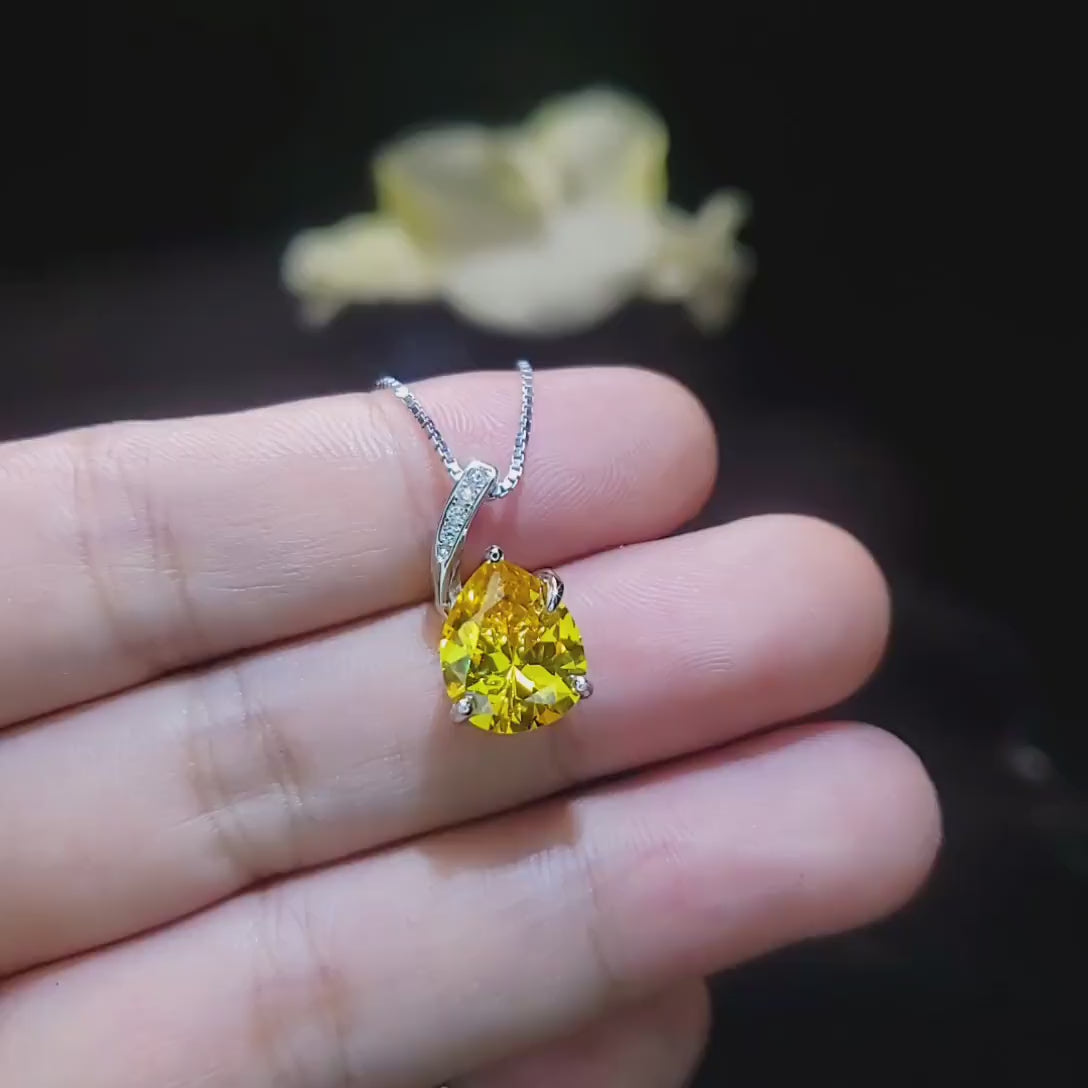 Yellow Moissanite Gemstone Necklace - Solitaire Teardrop Cut - 18KGP @ Sterling Silver - Lab Created Citrine November Birthstone #585