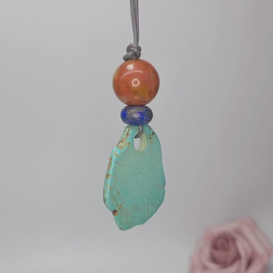 Chunky Turquoise Necklace, Geometric Lapis & Red Jasper Pendant, Zen Boho Gemstone  Jewelry, Adjustable Leather Cord Gift #2581
