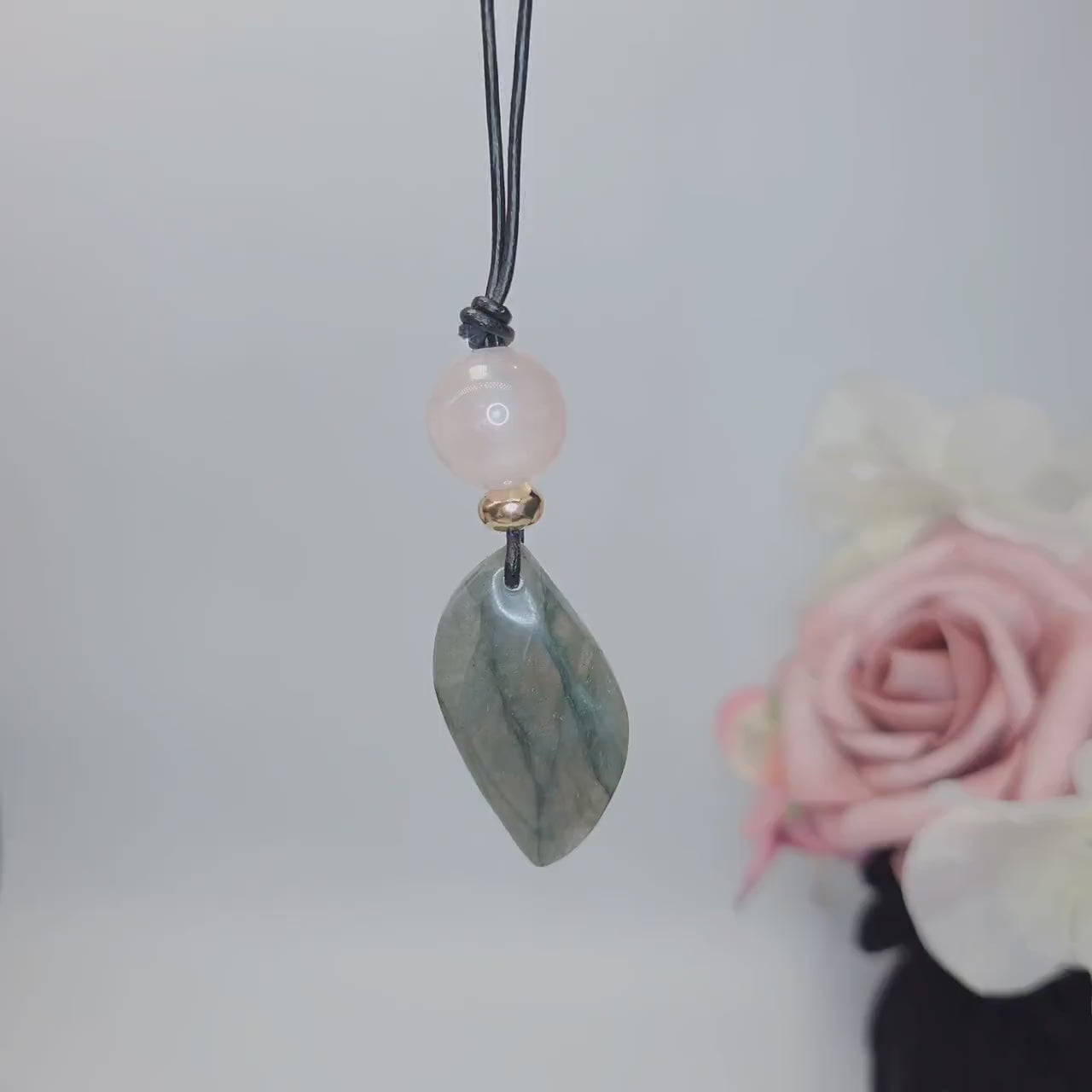 Labradorite Necklace Rose Quartz Pendant Geometric Chunky Crystal Jewelry for Women, Adjustable Leather Cord Birthstone Gift for Her