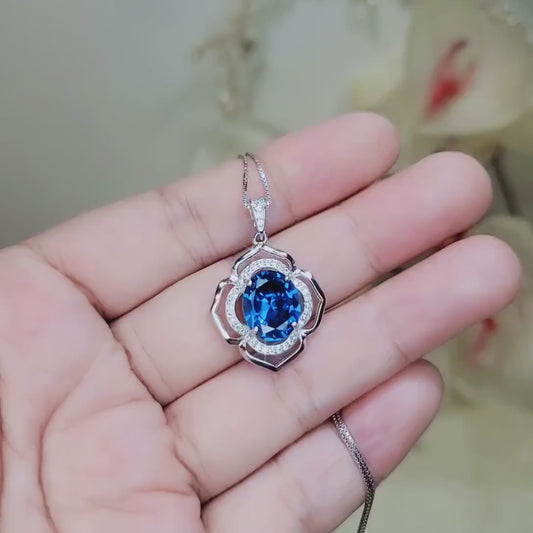 Large Blue Sapphire Necklace - 18kgp Sterling Silver - Flower Of Life Necklace - 4 Ct Solitaire Halo Blue Sapphire Pendant #563
