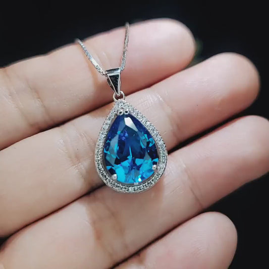 Teardrop Blue Topaz Necklace - Sterling Silver  Large Teardrop Cut Solitaire 8.5 CT Blue Topaz Jewelry #723