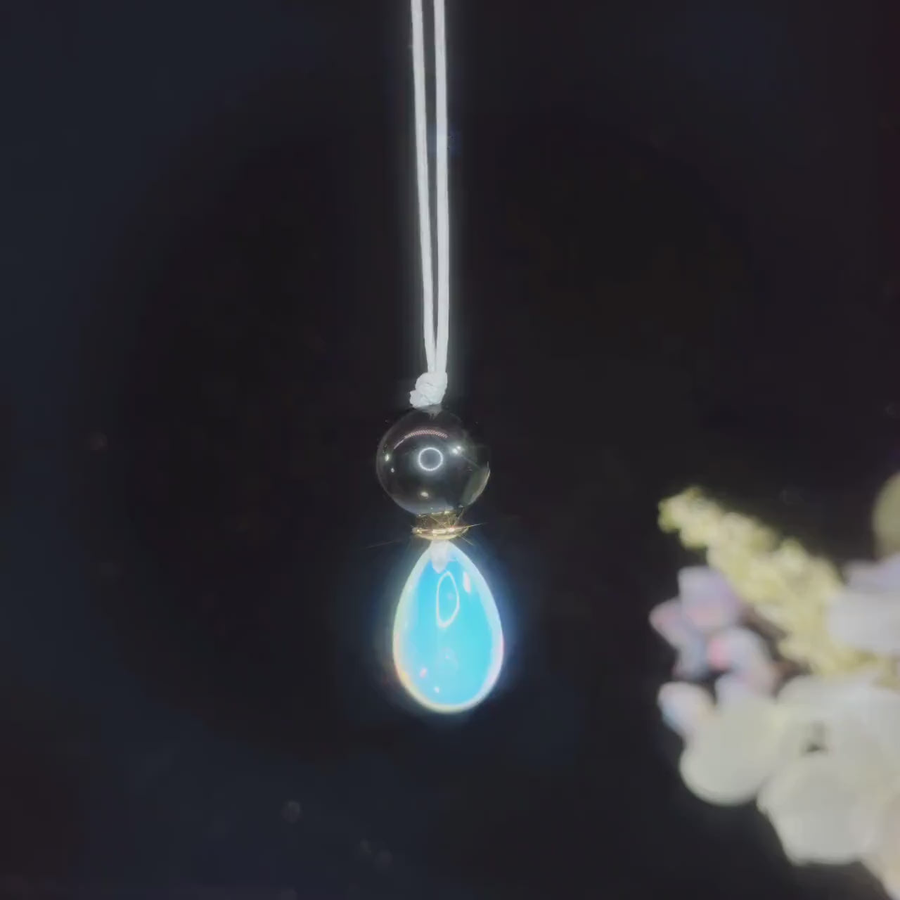 Chunky Opal & Obsidian Necklace, Geometric Birthstone Pendant, Zen Jewelry, Adjustable White Leather Cord, October Birthday Gift