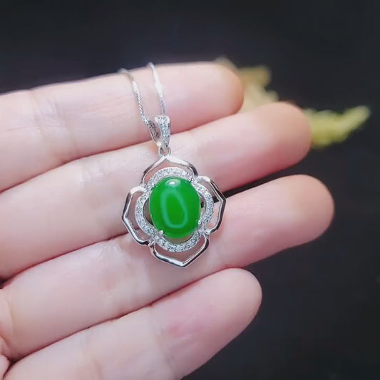 Flower Of life Jade Necklace - White gold plated Sterling silver Oval  Green Jade Pendant #942
