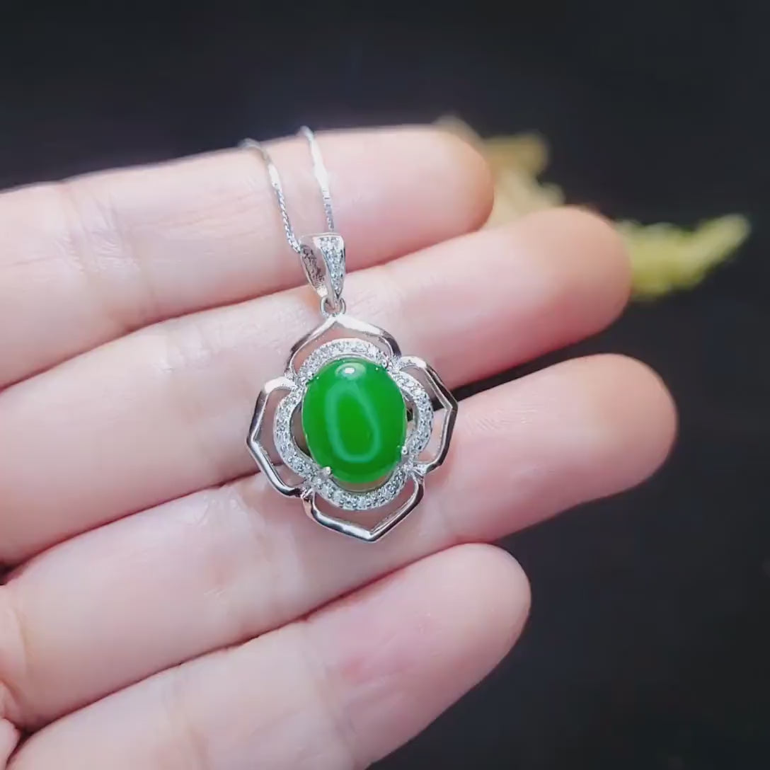 Flower Of life Jade Necklace - White gold plated Sterling silver Oval  Green Jade Pendant #942