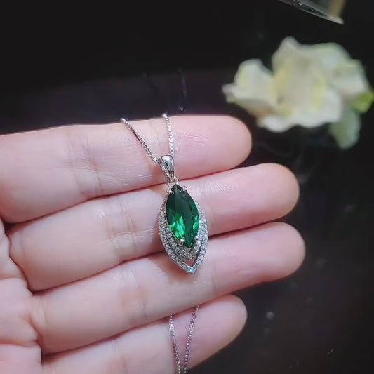 Marquise Style Emerald Necklace - 18kgp @ Sterling Silver - Large Emerald pendant Green Horse eye jewelry #959