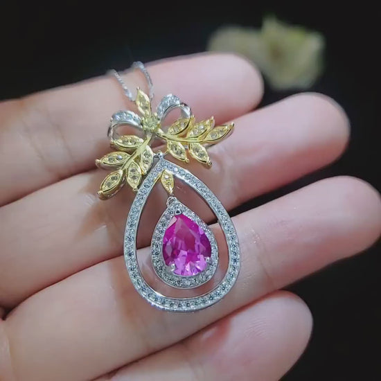 Teardrop Pink Sapphire Necklace Full Sterling Silver olive branch 2.5 Ct Pear Cut Gold Plated the Tree Of Life Pendant Fuchsia Gemstone #852