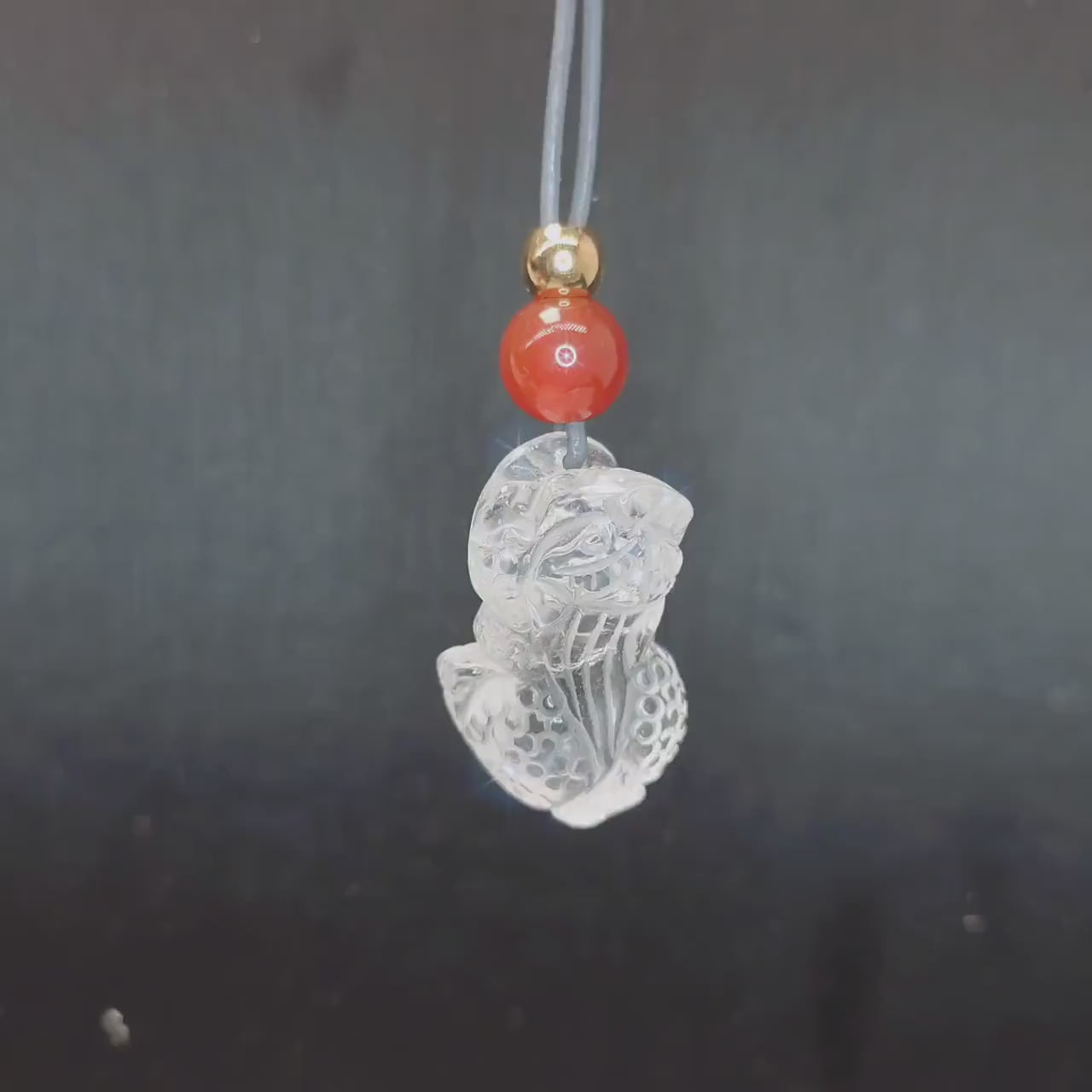 Carved Clear Quartz PiXiu Necklace, Chunky Geometric Brave Troops Amulet, Protection Talisman, adjustable leather cord