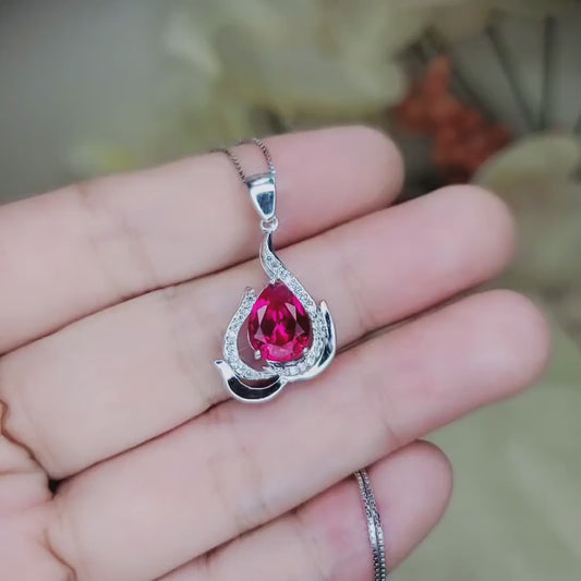 Large Ruby Necklace , High Quality Red Ruby Jewelry, Full 925 Silver Box Chain Peach Fruit Style Halo Ruby Pendant 1057