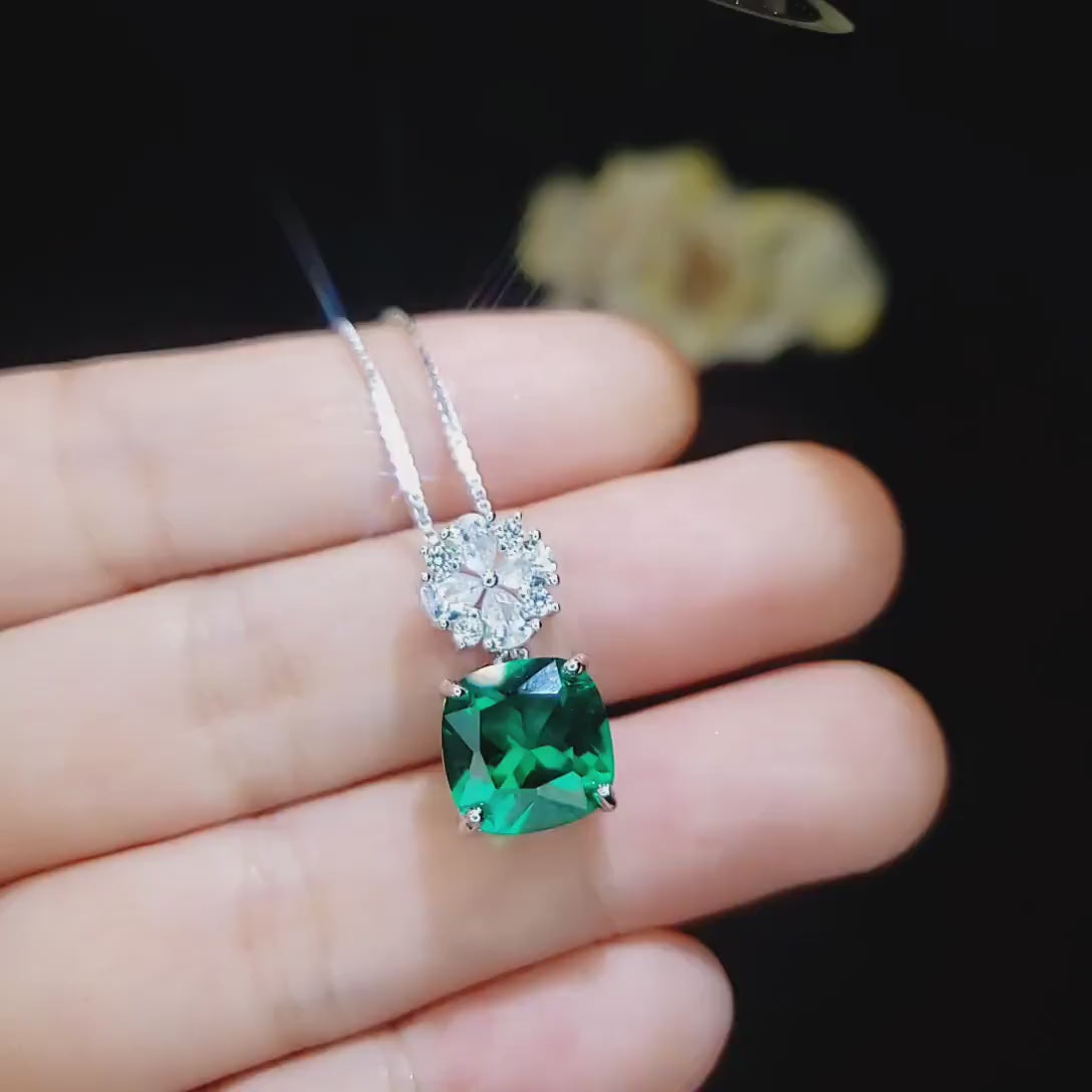 Four leaf clover Emerald Necklace - Cushion Cut 5 CT -  Green Emerald Pendant -  Diamond Flower Bail  White Gold coated Sterling Silver #521