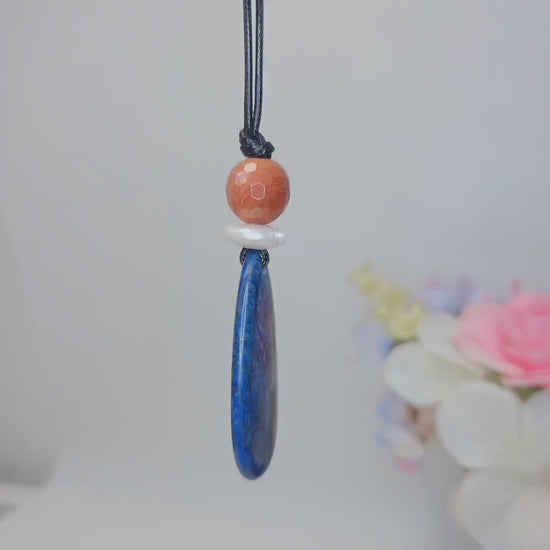 Chunky Lapis lazuli Necklace Natural Pearl Pendant Geometric Red Jasper Jewelry Adjustable Vegan Leather Up to 30 inches
