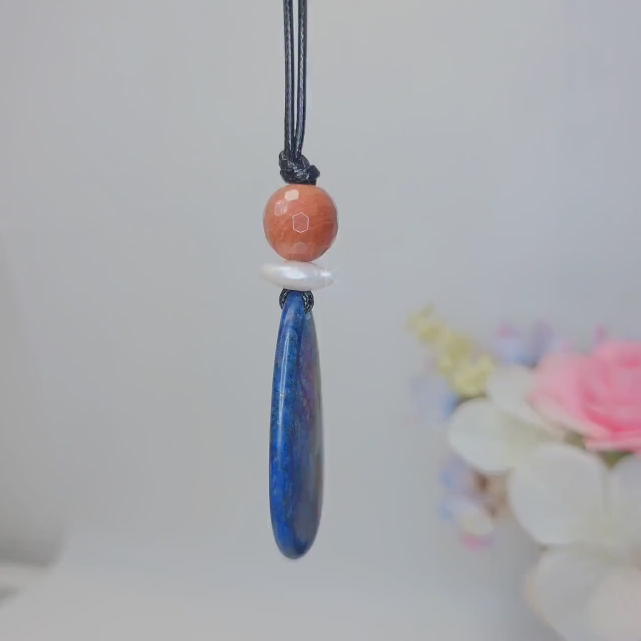 Chunky Lapis lazuli Necklace Natural Pearl Pendant Geometric Red Jasper Jewelry Adjustable Vegan Leather Up to 30 inches