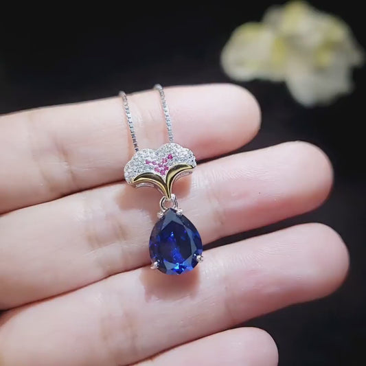 Blue Sapphire Necklace Ginkgo biloba Leaf Pendant Large 4 CT Teardrop Lab Created Blue Sapphire Pendant  18KGP Sterling Silver #818B