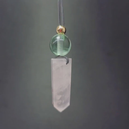 Rose Quartz Point Necklace, Chunky Natural Green Fluorite Crystal Hexagonal Wand Pendant for Women Men, Adjustable Leather Cord