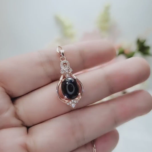 Natural Black Onyx Necklace Rose Gold coated 925 Sterling Silver High Frequency Energy Protective Chakra Heaaling Life Flower Decorate