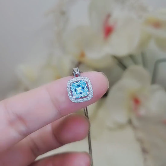 Square Aquamarine Pendant - Full 925 Sterling Silver Tiny Asscher Aquamarine Necklace 045