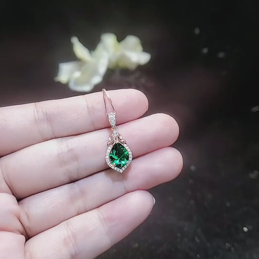 Dainty Emerald Necklace - Rose Gold coated Sterling Silver - Lab Created Green Emerald Pendant -  May Birthstone #187