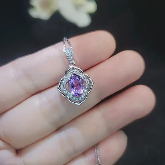 Amethyst Necklace, Flower of Life Style - 18kgp @ Sterling Silver - Genuine Natural Amethyst Jewelry , Crystal Yoga Pendant #322
