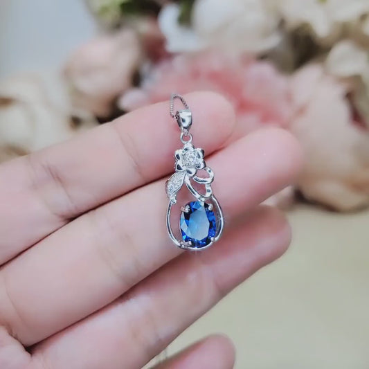 Blue Sapphire Necklace - Sterling Silver Flower Pendant, Oval 3 Ct Blue Sapphire Gemstone Jewelry #391