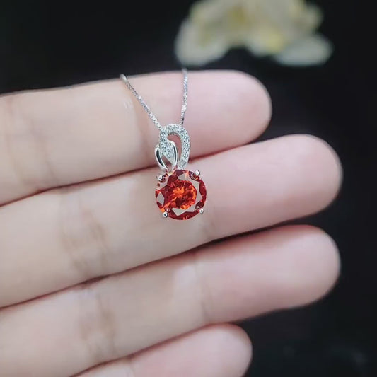 Round 1.8 CT Sunstone Necklace - Solitaire  Sterling Silver Tangerine Sapphire Jewelry- Red Orange Gemstone Necklace 090