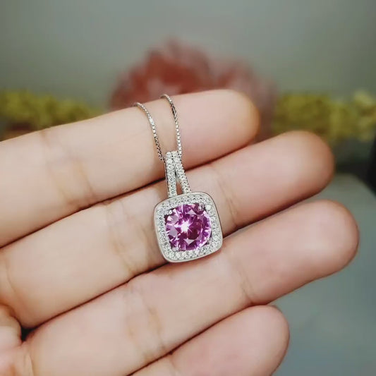 Sterling Silver Pink Tourmaline Necklace - 18KGP @ Sterling Silver - Square Pink Tourmaline Pendant #144