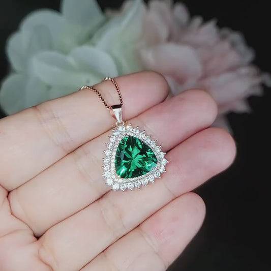 Large Triangle green emerald Necklace -  Rose Gold Coated Sterling Silver High Quality Trillion Cut 8 CT Emerald Pendant #724