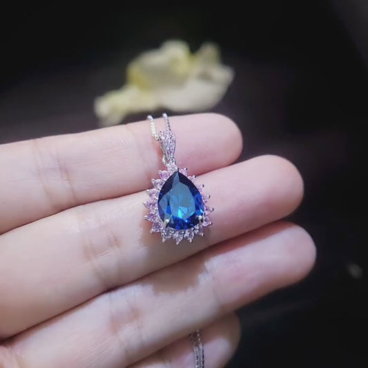 Teardrop Blue Sapphire Necklace Pink Tourmaline Surrounded Halo Large Solitaire Pear Cut Blue Sapphire Pendant 18kgp @ Sterling Silver #686