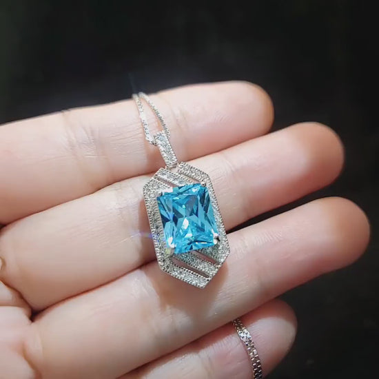 Aquamarine Necklace - Large Geometric Aquamarine Pendant - 18KGP @ Sterling Silver - Spacecraft Style 5 Ct Rectangle Aquamarine Jewelry #682