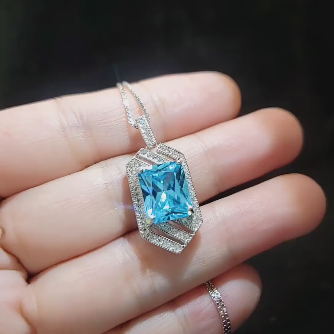 Aquamarine Necklace - Large Geometric Aquamarine Pendant - 18KGP @ Sterling Silver - Spacecraft Style 5 Ct Rectangle Aquamarine Jewelry #682