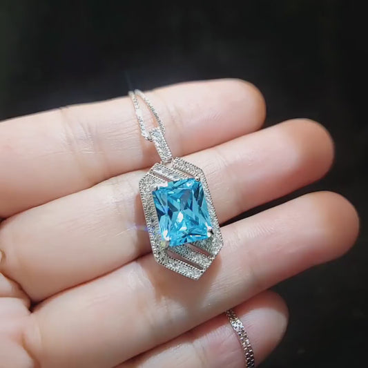 Aquamarine Necklace - Large Geometric Aquamarine Pendant - 18KGP @ Sterling Silver - Spacecraft Style 5 Ct Rectangle Aquamarine Jewelry #682