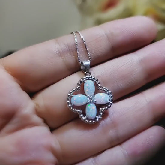 Opal Necklace, Opal Pendant, Opal Jewelry, Four Leaf Clover Sterling Silver White Opal  Delicate Minimalist Blue Opal Flower #125