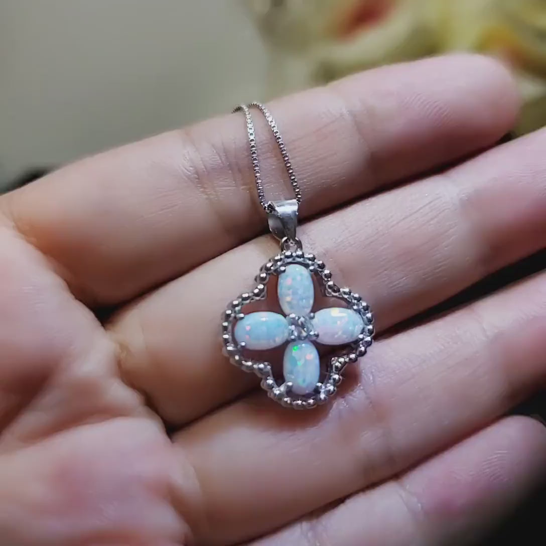 Opal Necklace, Opal Pendant, Opal Jewelry, Four Leaf Clover Sterling Silver White Opal  Delicate Minimalist Blue Opal Flower #125