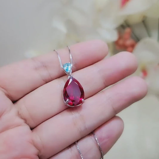 Large Teardrop Ruby Necklace Sterling Silver 6 CT Lab Red Ruby Pendant White Gold Plated Solitaire Red Gemstone Jewelry #699