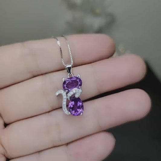 Natural Amethyst Necklace - Sterling Silver Cat Pendant- Purple Stone Gemstone Kitty Kitten Jewelry Crown Chakra Healing #221