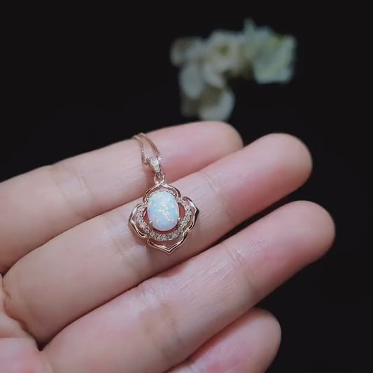 Tiny Opal Necklace - Flower of Life Necklace - Rose Gold or White Gold coated Sterling Silver - Diamond Flower - Rainbow White Opal Pendant
