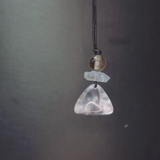 Geometric Irregular Clear Quartz Pendant, Chunky Aura Blue Crystal Necklace with Smoky Quartz, Adjustable Leather Cord up to 30 inches #2559