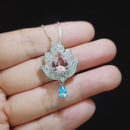 Pink Morganite Necklace Gemstone Lotus Flower Pendant Full Sterling Silver White Gold coated  Teardrop Halo Large  Pink Gemstone 3 CT #920