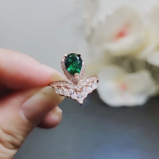 Teardrop Emerald Crown Ring  Rose Gold Sterling Silver Royal Green Gemstone Solitaire Statement Mult-stone Promise J Ring 1056