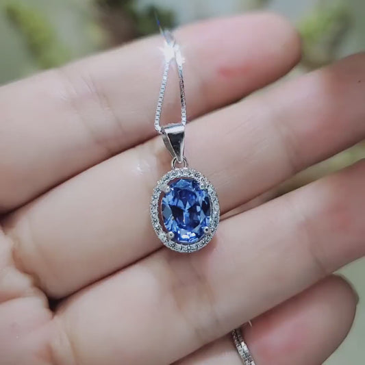 Oval Tanzanite Necklace - 2.5 CT 18k @ Sterling Silver - Halo Blue Gemstone Gemstone - December Birthstone - Lab  Energic Tanzanite #325