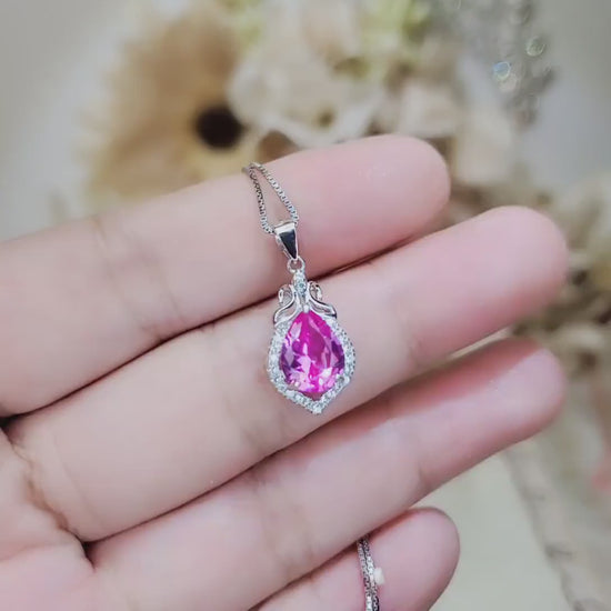 Teardrop Pink Tourmaline Necklace, Gemstone Halo Pink Gemstone Pendant, Sterling Silver White gold   Solitaire Fuchsia Gemstone Jewelry #196