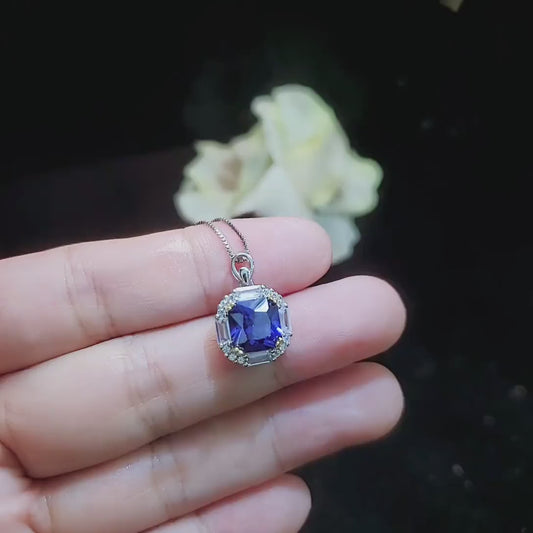Solitaire Tanzanite Necklace - Deep Royal Blue Tanzanite Pendant - 18KGP @ Sterling Silver - December Birthstone -  Square Scissor Cut #413