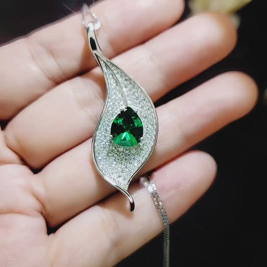 Sterling Silver Emerald Leaf Necklace, Pear Cut Green Gemstone Pendant, 18K White Gold Plated Nature Inspired Jewelry,  Chain  904